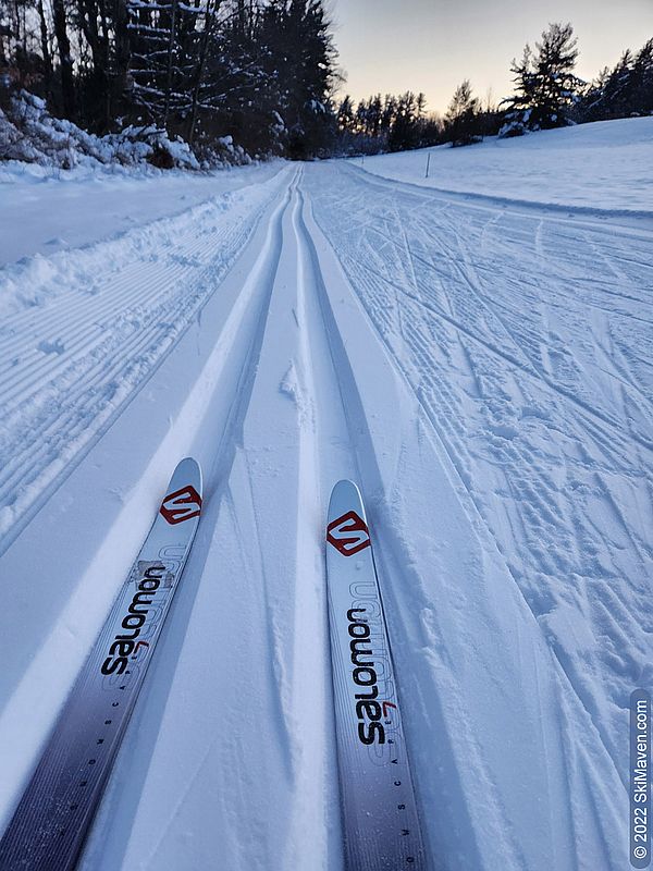 Close-up of skis in a classic cross-country ski tracks 
