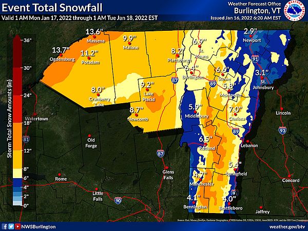 National Weather Service color-coded map calling for 6 or more inches across Vermont