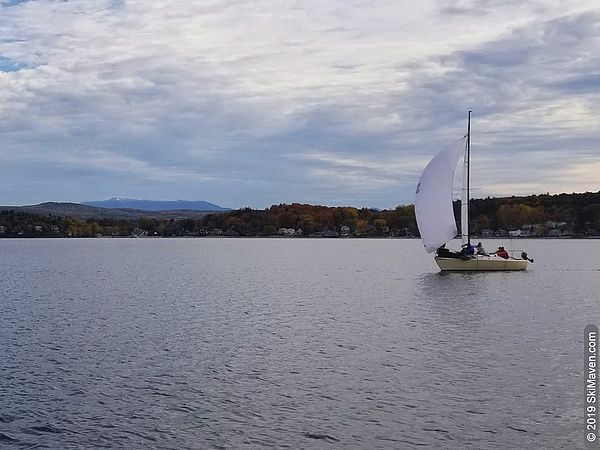 A view of the white-glazed Mt. Mansfield from Lake Champlain