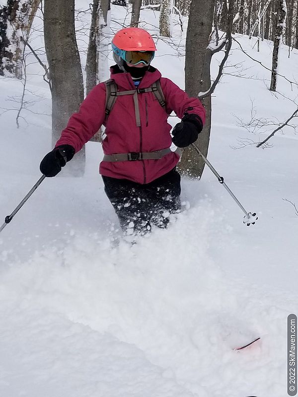 Skier makes a turn that throws powder