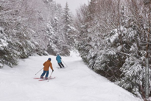 Photo of two people on a narrow ski run