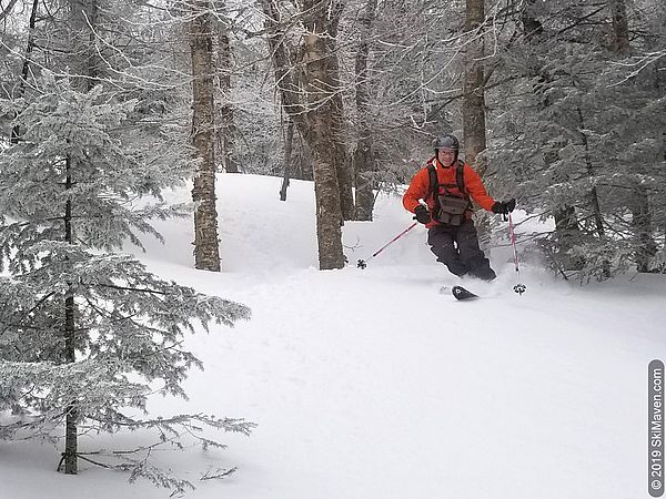 Skier makes turns in the powder