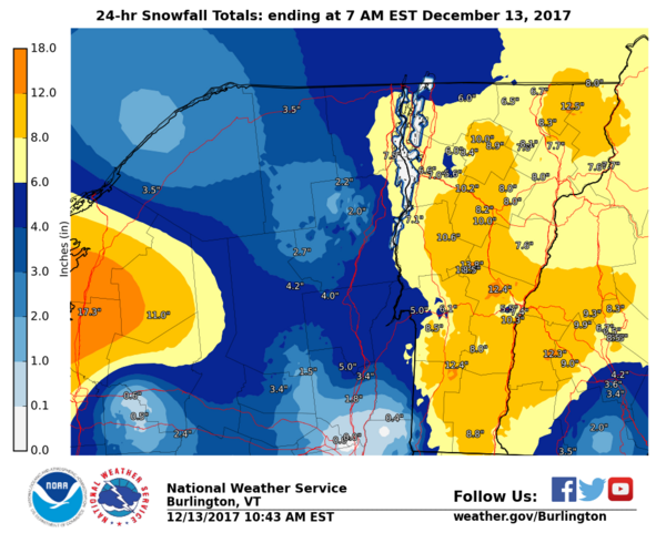 National Weather Service snowfall map on morning of December 13.