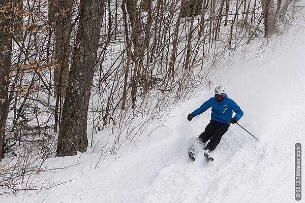 Skiing powder on the sides of the trails