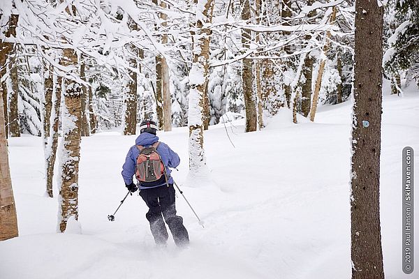 Skiing in the backcountry trails in Bolton, Vermont.