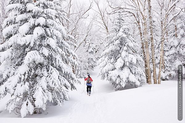 Skiing in the backcountry trails in Bolton, Vermont.