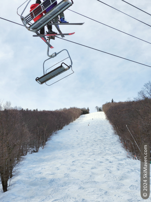 A long ski run full of moguls