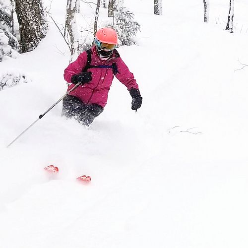 Skier in pink makes a turn in knee-deep powder