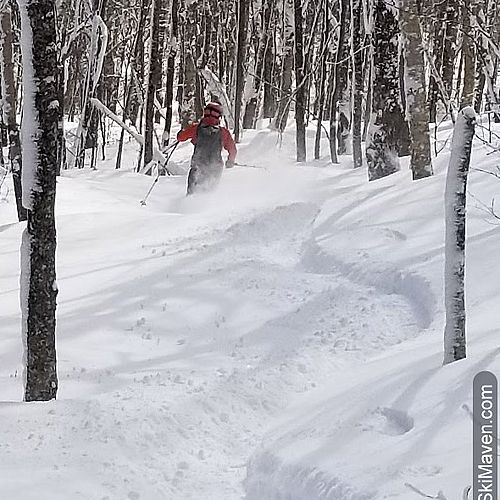 Skier makes S turns in the powdery snow