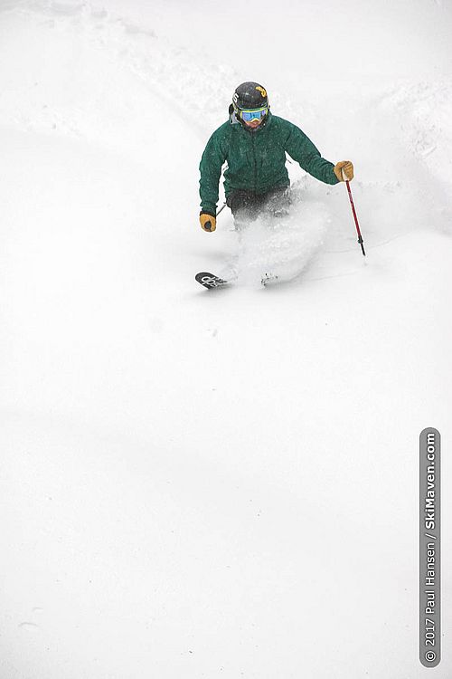 Powder skiing off the lift at Mad River Glen, Vermont