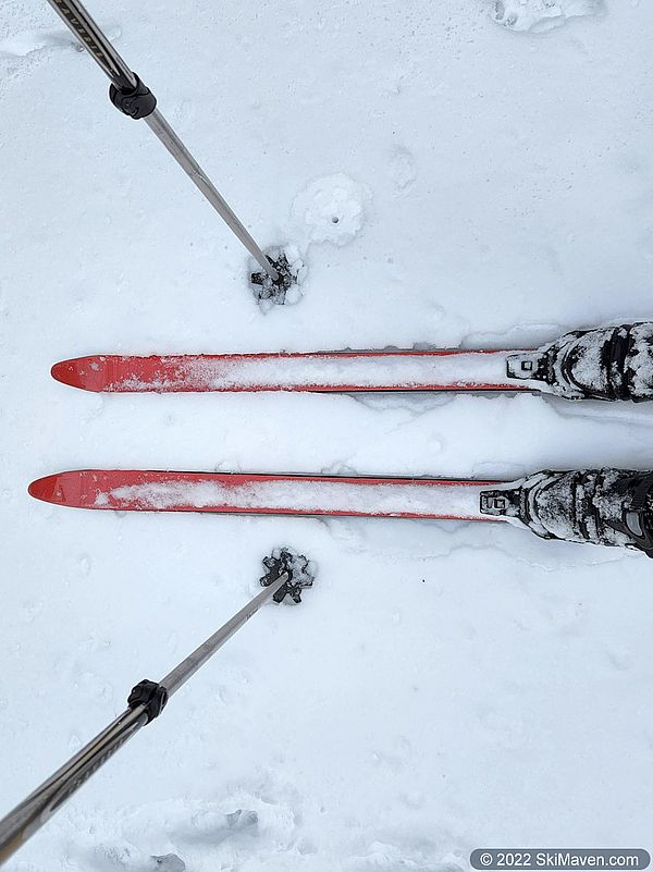 Photo of poles and skis with 3-pin bindings in shallow spring snow