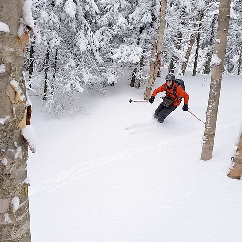 Skiing in the backcountry trails in Bolton, Vermont.