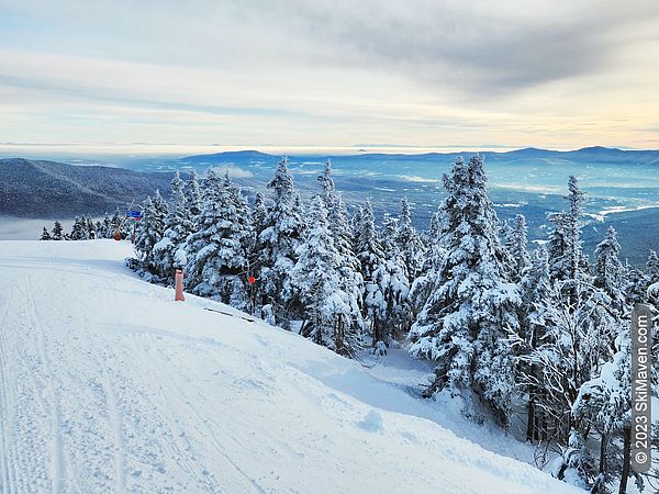 View from ski trail of snowy trees and mountains